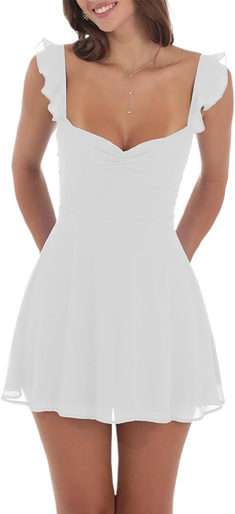 Women Summer Lace Mini Short Dresses Y2k Sleeveless Backless Coquette Ruffle Strap A-Line Dress | Amazon (US)