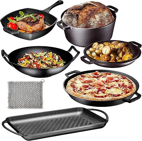 Pre Seasoned Cast Iron 7 Piece Bundle Gift Set, Double Dutch, Rectangular grill Pan, Wok, Large S... | Amazon (US)