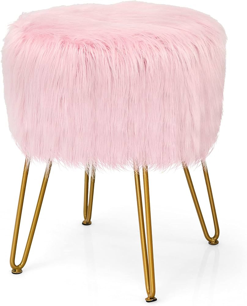 Giantex Faux Fur Vanity Stool Chair, Round Footstool Ottoman w/Metal Legs for Living Room, Furry ... | Amazon (CA)