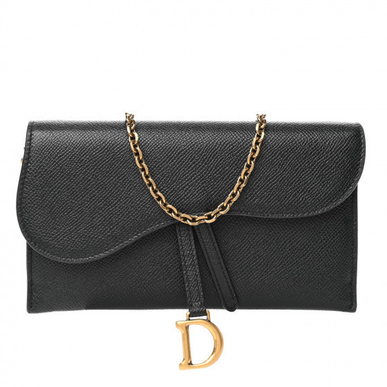 CHRISTIAN DIOR Grained Calfskin Saddle Chain Wallet Pouch Black | Fashionphile