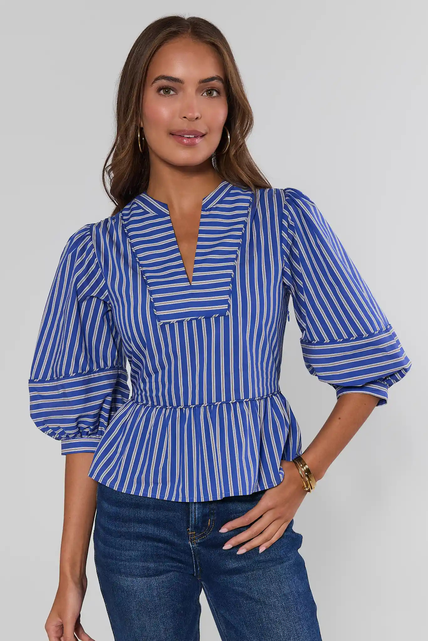 Blue Striped Split Neck Peplum Top | Avara
