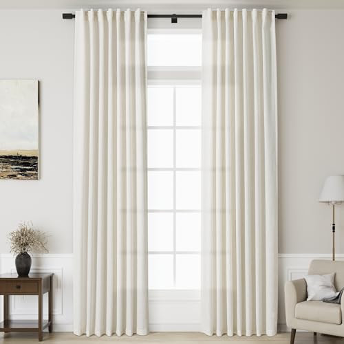 Linen Cream Curtains 135 inch Extra Long for Living Room Back Tab Light Filtering Semi Sheer Drapes Modern Farmhouse Coastal Decor Cotton Textured Curtain for Floor to Ceiling High Window 52x135 | Amazon (US)
