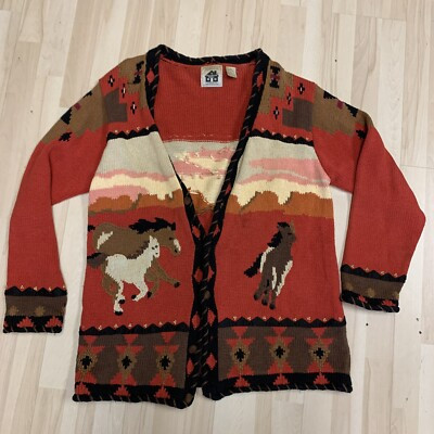 Handknits By Storybook Knits Western Cowboy Horses Cardigan Sweater - Medium | eBay US