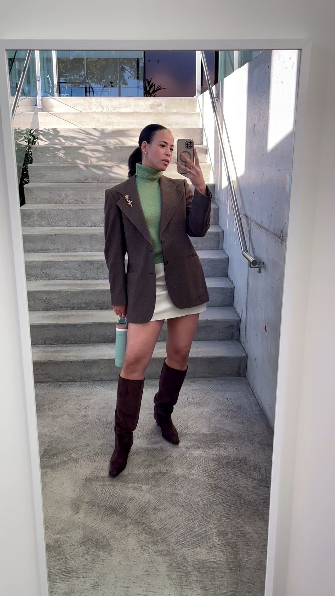 This green short sleeve turtleneck sweater has been worn on repeat lately, snd these boots look designer! Vintage YSL Blazer and brooch were thrifted, faux leather skirt is old. 

#LTKcanada #LTKfall