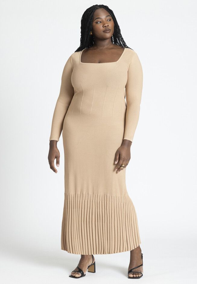 Long Sleeve Sweater Dress With Pleat Hem | Eloquii
