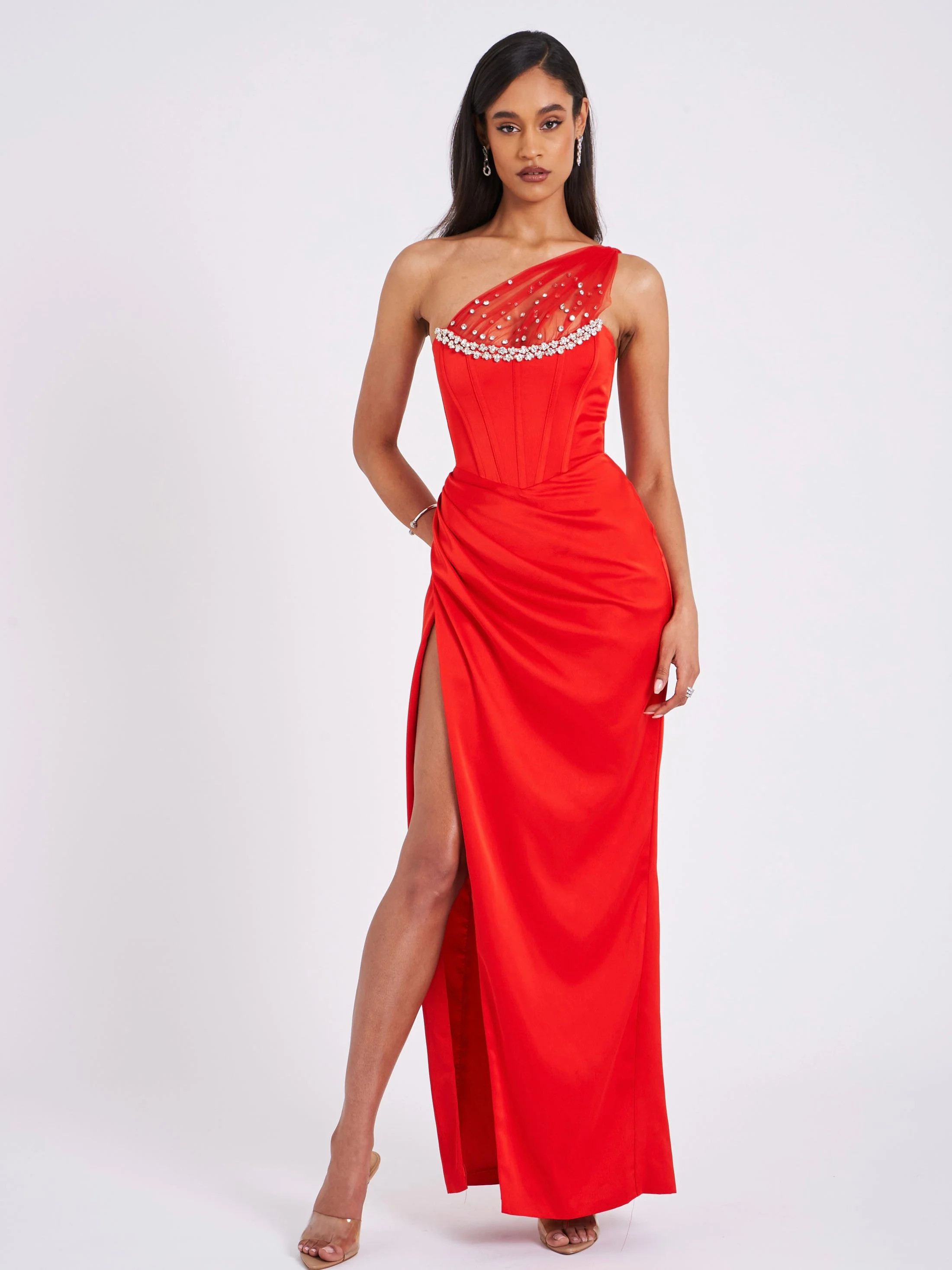 Miss Circle Women Lora Scarlet Crystal Embellished Mesh Satin Corset Gown | Shop Simon