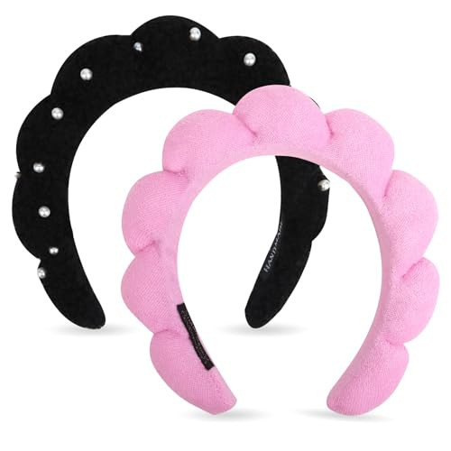 Wecoe 2pcs Skincare Headbands For Washing Face Black Pearl Fluffy Spa Headbands Cute Pink Makeup Headband Face Wash Puffy Sponge Bubble Headband Hair Accessories For Women Girls Kids Teens Gifts | Amazon (US)
