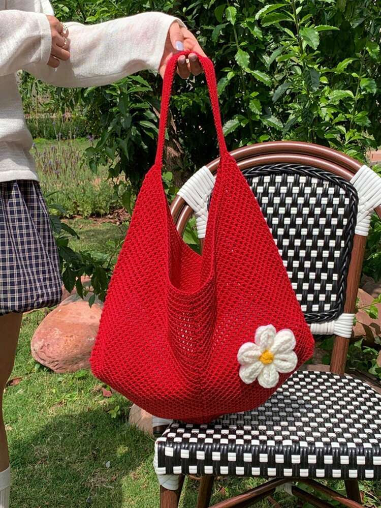Hollow Woven Tote Bag, Bohemian Style Beach Handbag, Hollow Tote Bag, Large Capacity Slouchy Beac... | SHEIN