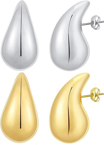 2 Pair Teardrop Earrings Dupes for Women Gold/Silver Chunky Hoop Earring Dangle Water Drop Hypoal... | Amazon (CA)