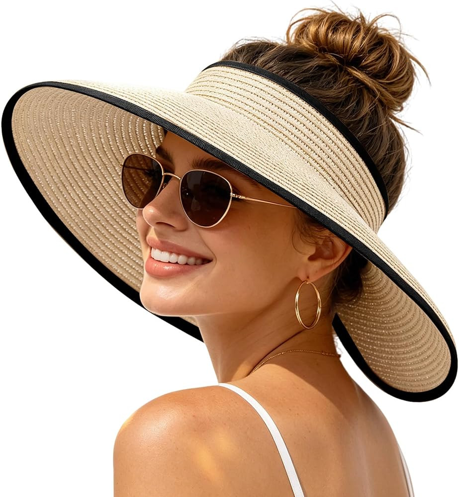 Sun Hats Visor for Women, UV UPF Straw Beach Hat Foldable Wide Brim Ponytail Summer Hats Packable... | Amazon (US)