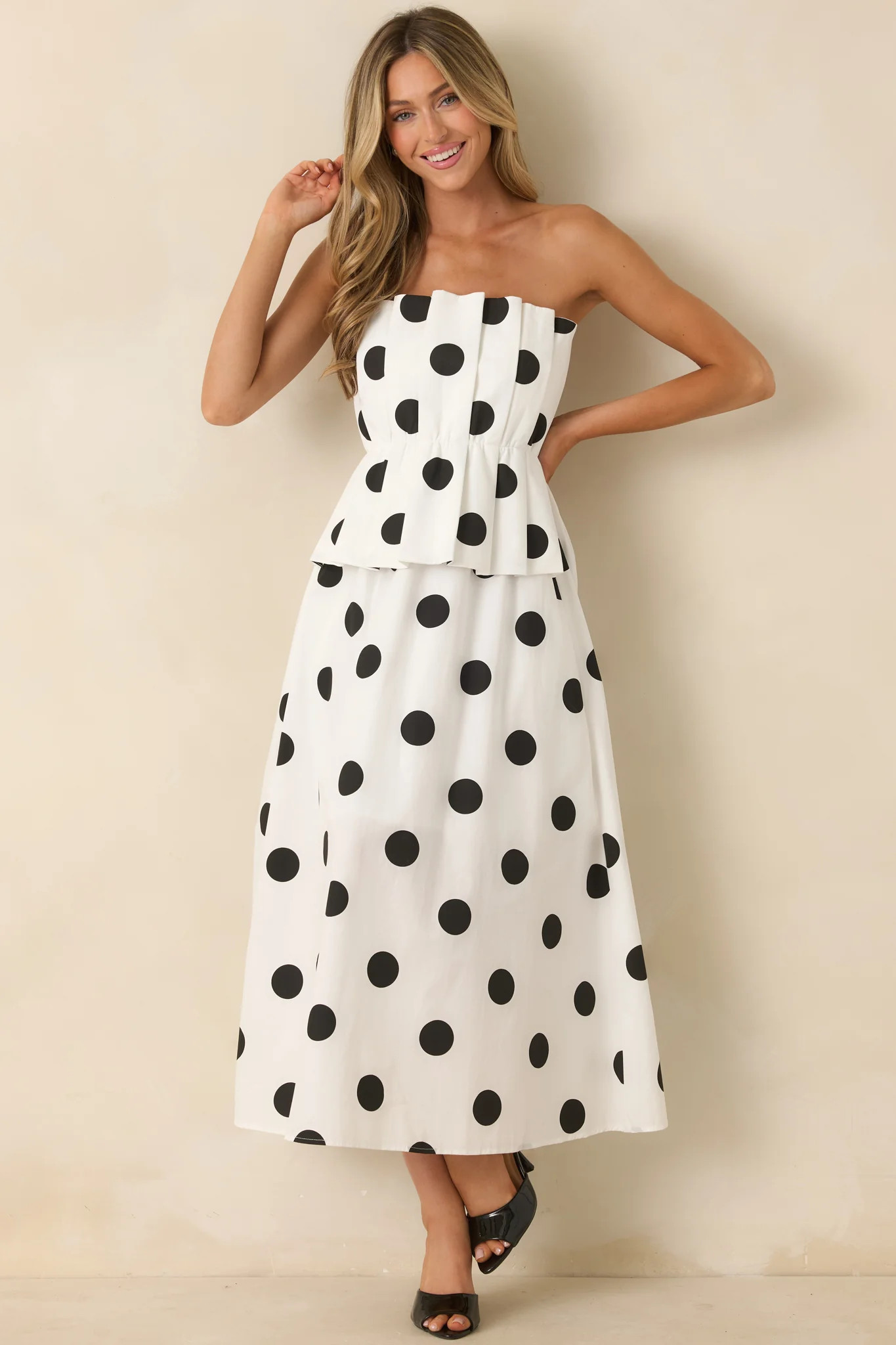 A Class of Her Own White & Black Polka Dot Strapless Midi Dress | Red Dress