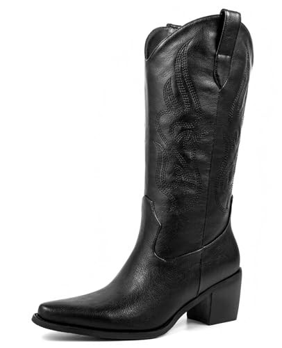 Pasuot Black Cowboy Boots for Women - Cowgirl Western Mid Calf Boots with Embroidery, Pointed Toe Retro Chunky Heel Slip On Fashion Classic Short Boots Pull On for Ladies Summer Fall US 9 | Amazon (US)