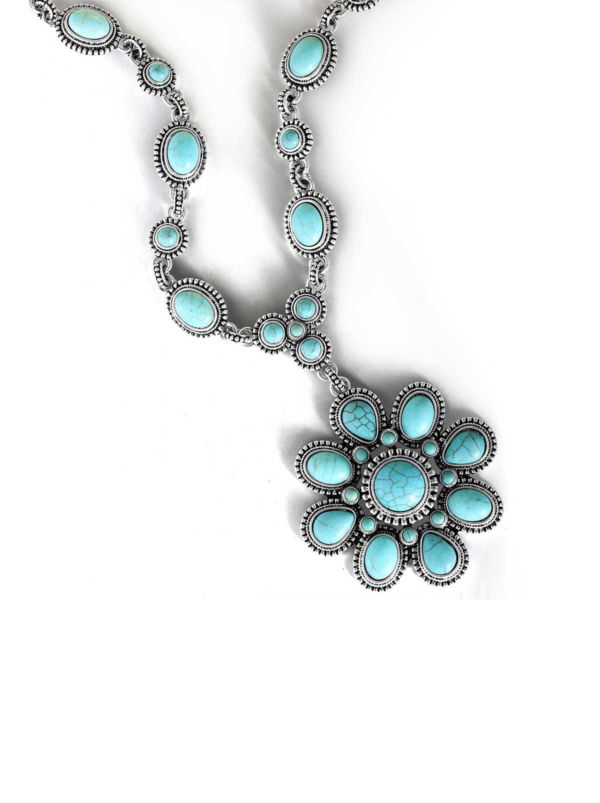 Large Turquoise Stone Flower Necklace in Silver | Jessica Simpson E Commerce