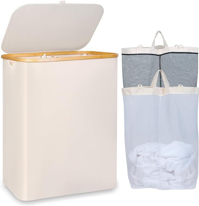 150L Laundry Basket with Lid, Large Laundry Hamper with Bamboo Handle, Collapsible Dirty Clothes ... | Amazon (US)