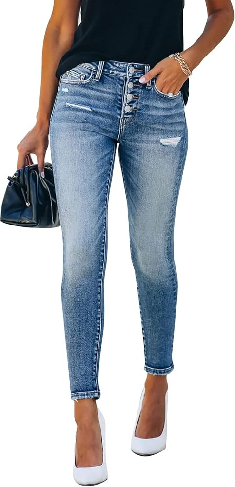 KUNMI Women's Ripped High Waisted Skinny Jeans Button Fly Distressed Stretchy Denim Pants | Amazon (US)