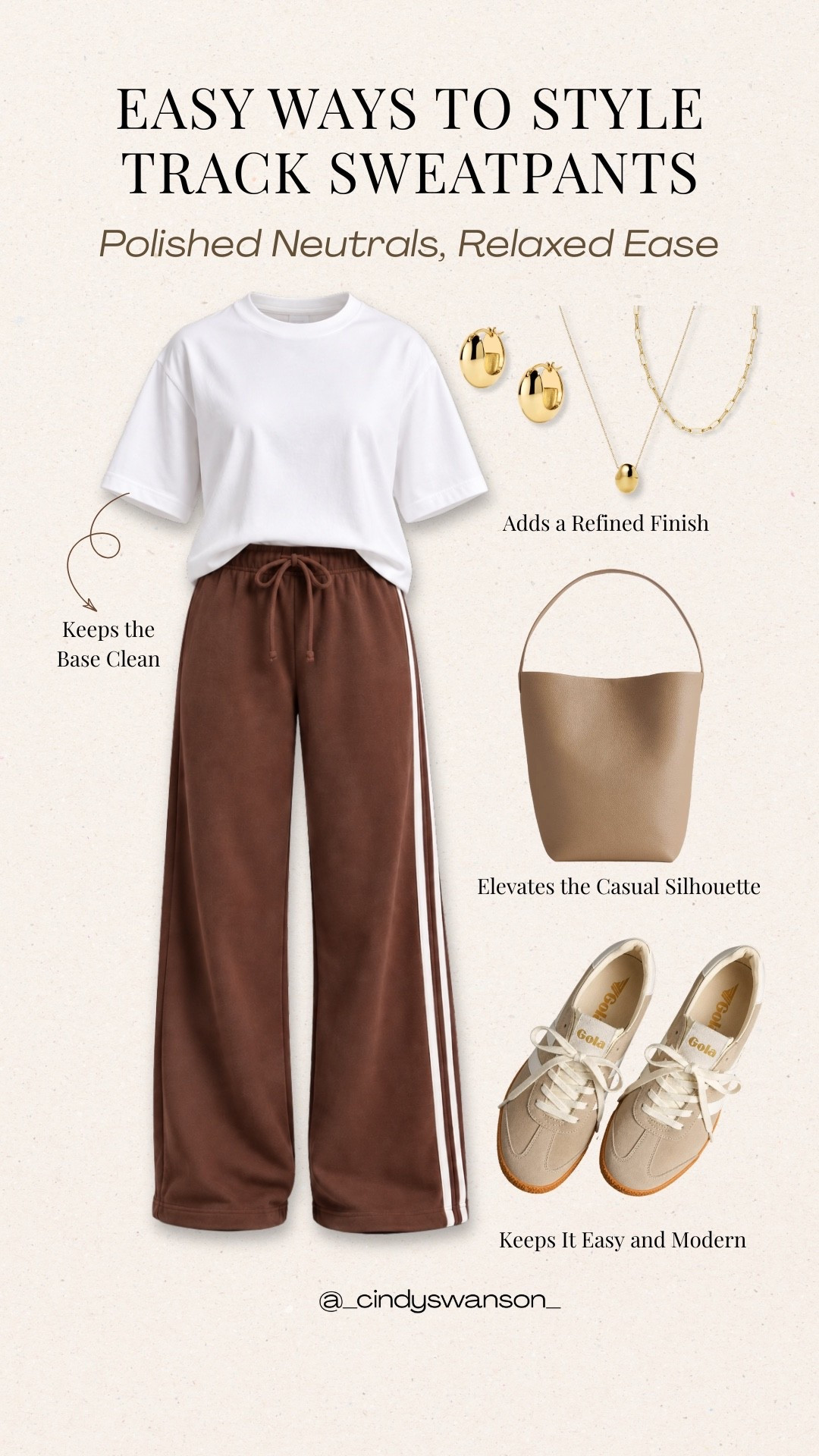 Track sweatpants can absolutely feel polished when you keep the rest of the outfit simple. I love these brown pants with a crisp white tee, neutral bag, and classic sneakers for an easy everyday look that still feels put together.

#LTKOver40 #LTKootd #LTKgrwm