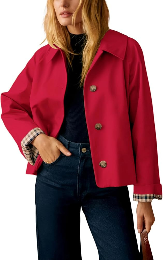 Yeokou Women Oversize Trench Coat Plaid Lining Lapel Button Down Casual Crop Jacket Outwear with ... | Amazon (US)
