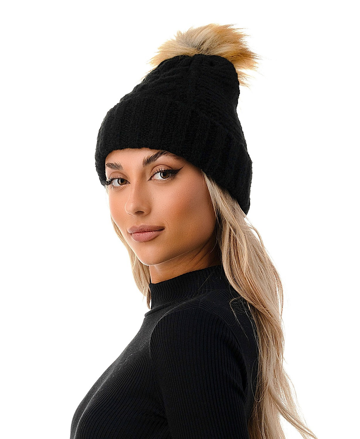 Marcus Adler Women's Cable Knit Faux Fur Pom Beanie & Reviews - Hats, Gloves & Scarves - Handbags... | Macys (US)