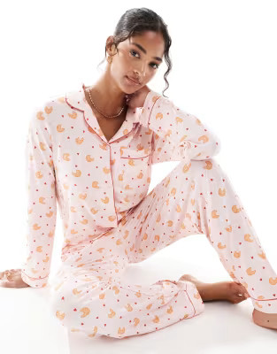 Chelsea Peers poly long sleeve revere pyjama set in croissant print | ASOS (Global)