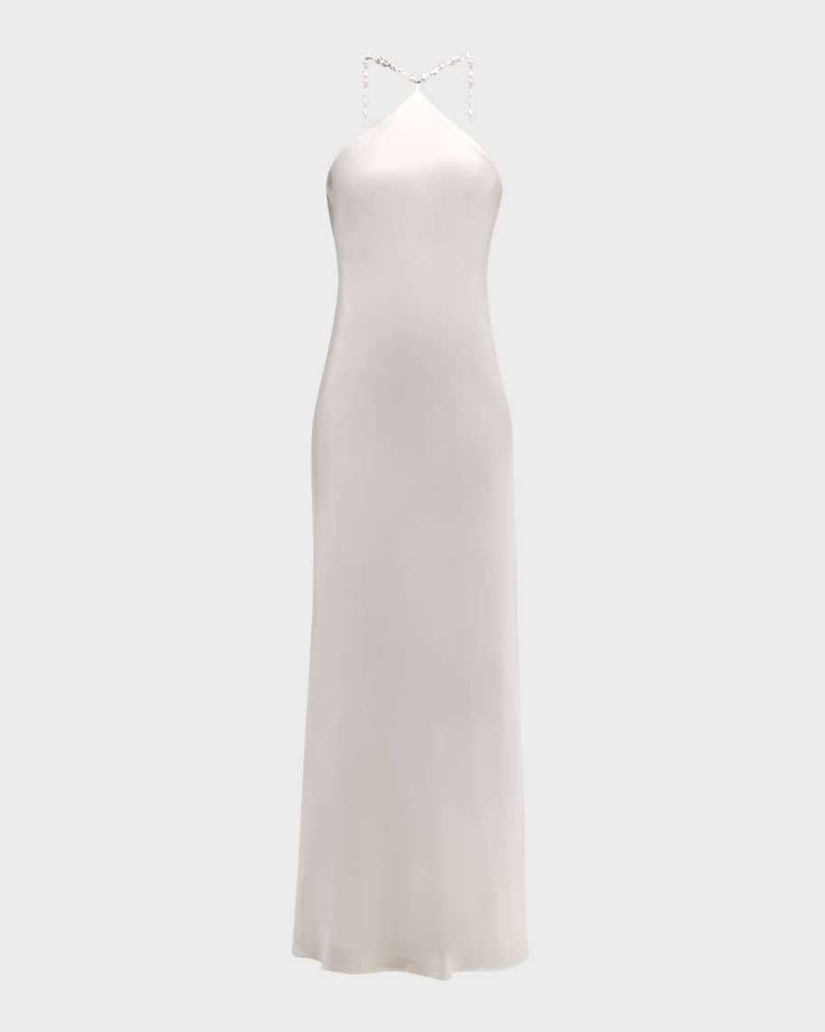 STAUD Cadence Beaded Halter Satin Maxi Dress | Neiman Marcus