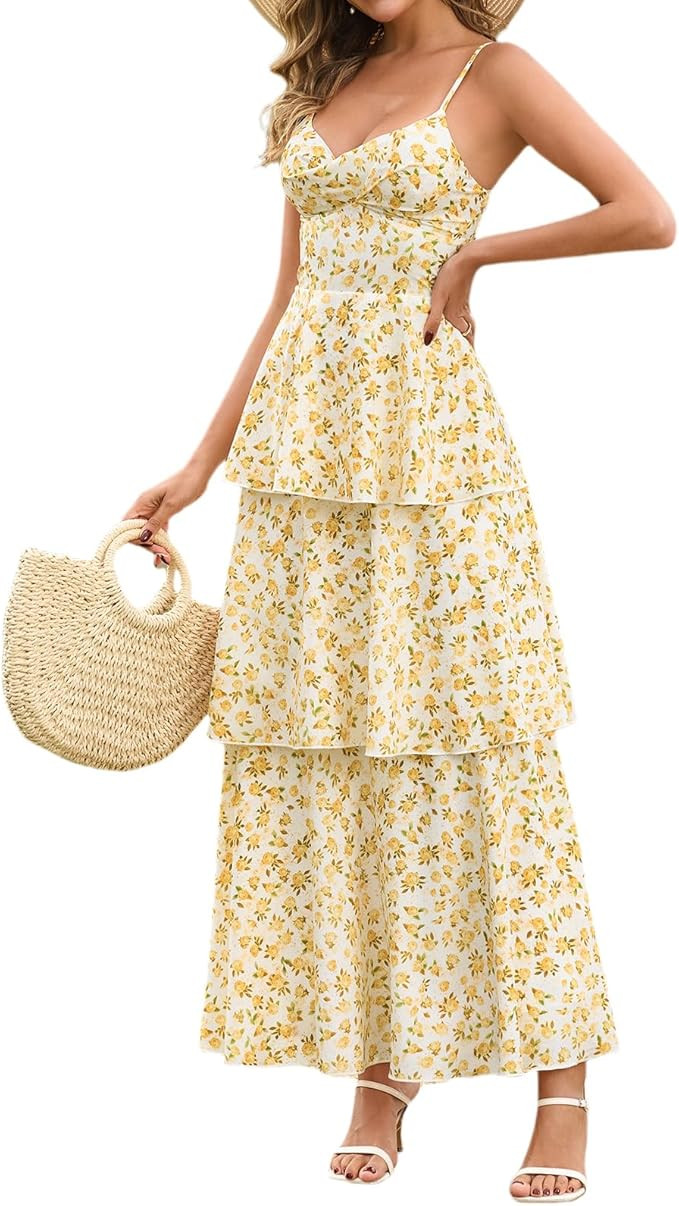 XinFSh Women's Summer Floral Wedding Guest Maxi Dress Flowy Tiered Ruffle Backless Long Garden Pa... | Amazon (US)