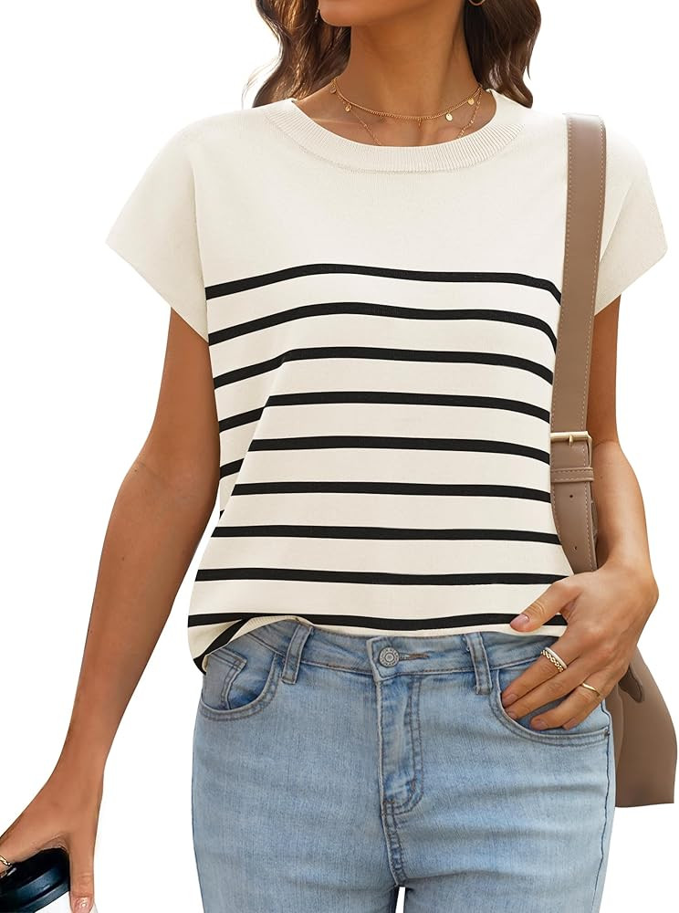 MIROL Women's Cap Sleeve Striped Tops 2025 Batwing Short Sleeve Summer Crewneck Tee Knit Casual L... | Amazon (US)