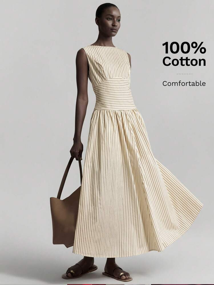 Ontre 2026SS New Arrival Spring Women's Striped Patchwork Elegant Lady Striped Round Neck Sleeveless Waist Pleated Casual Dress, Daily Wear, Easter Dress, Summer Dress, Graceful Dress, Casual Dress, Long Dress, Holiday Dress, Wedding Dress | SHEIN