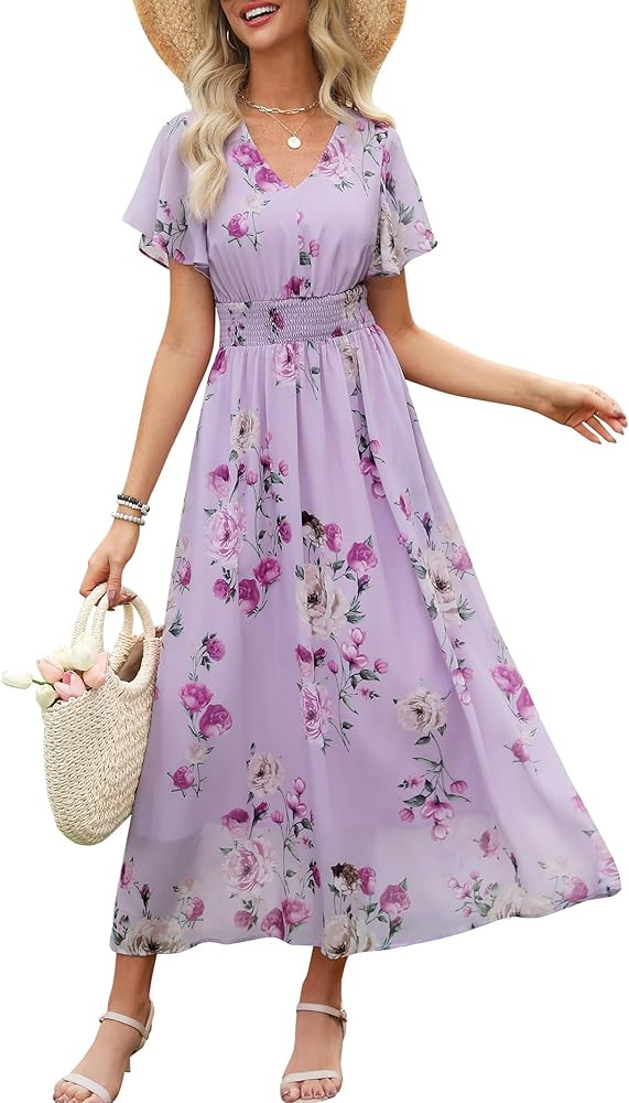 ANRABESS Womens Summer Floral Maxi Dress Casual V Neck Short Sleeve Chiffon Boho Flowy Beach 2025... | Amazon (US)