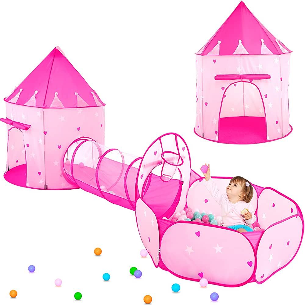 PigPigPen 3pc Kids Play Tent for Girls with Ball Pit, Crawl Tunnel, Princess Tents for Toddlers, ... | Amazon (US)