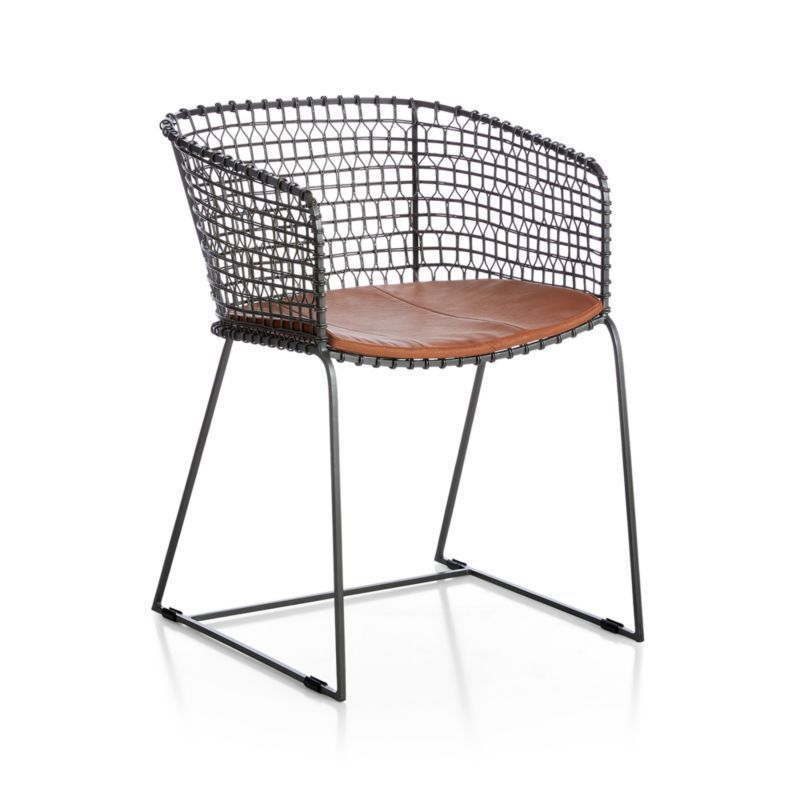 Tig Metal Barrel Dining Chair with Brown Leather Cushion + Reviews | Crate & Barrel | Crate & Barrel