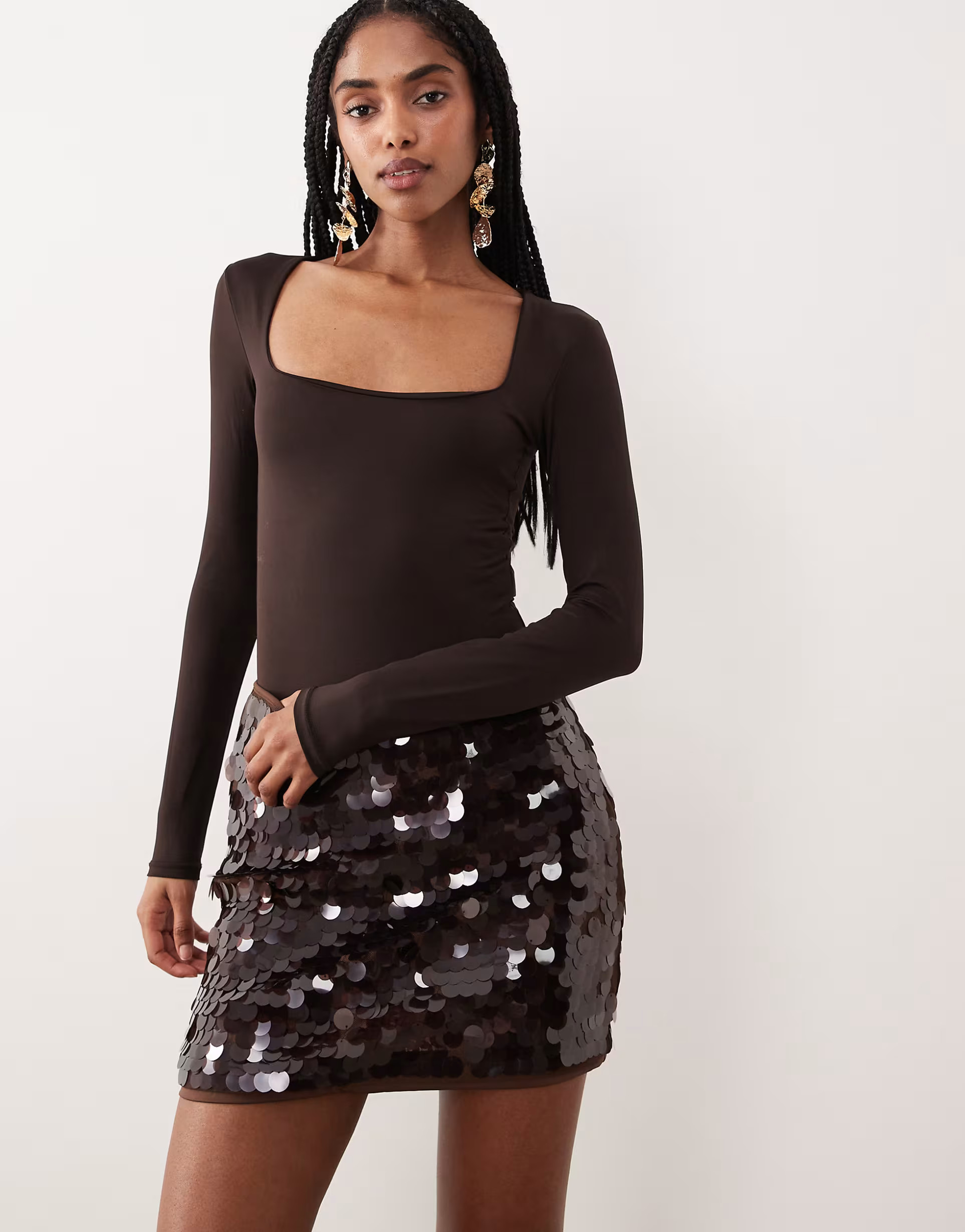 Abercrombie & Fitch curve love ultra high rise scarlett skort in brown sequins | ASOS (Global)