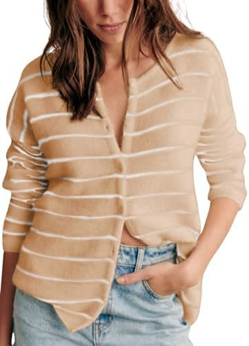 Hongsui Women's Casual Striped Knit Cardigan Button Down Crewneck Sweater Loose Color Block Outer... | Amazon (US)