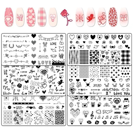 Glodecart 6pcs Valentine s Day Nail Stamping Plates for Nail Art Stainless Steel Heart Romantic Nail Plates Template Set for DIY Valentine s Day Nail Decoration Love-Themed Nail Plates Designs ALT1 | Walmart (US)