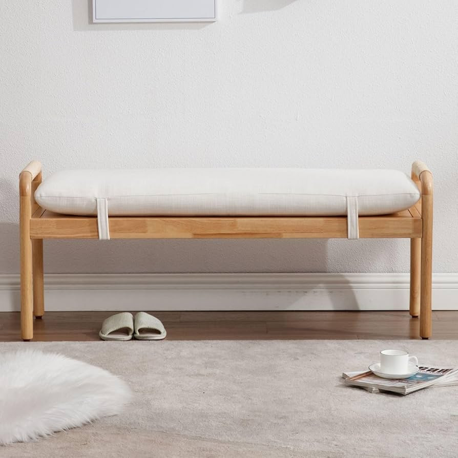 LukeAlon Rustic Linen Entryway Bench, Upholstered Beige End of Bed Bench with Straps Retro Wooden... | Amazon (US)