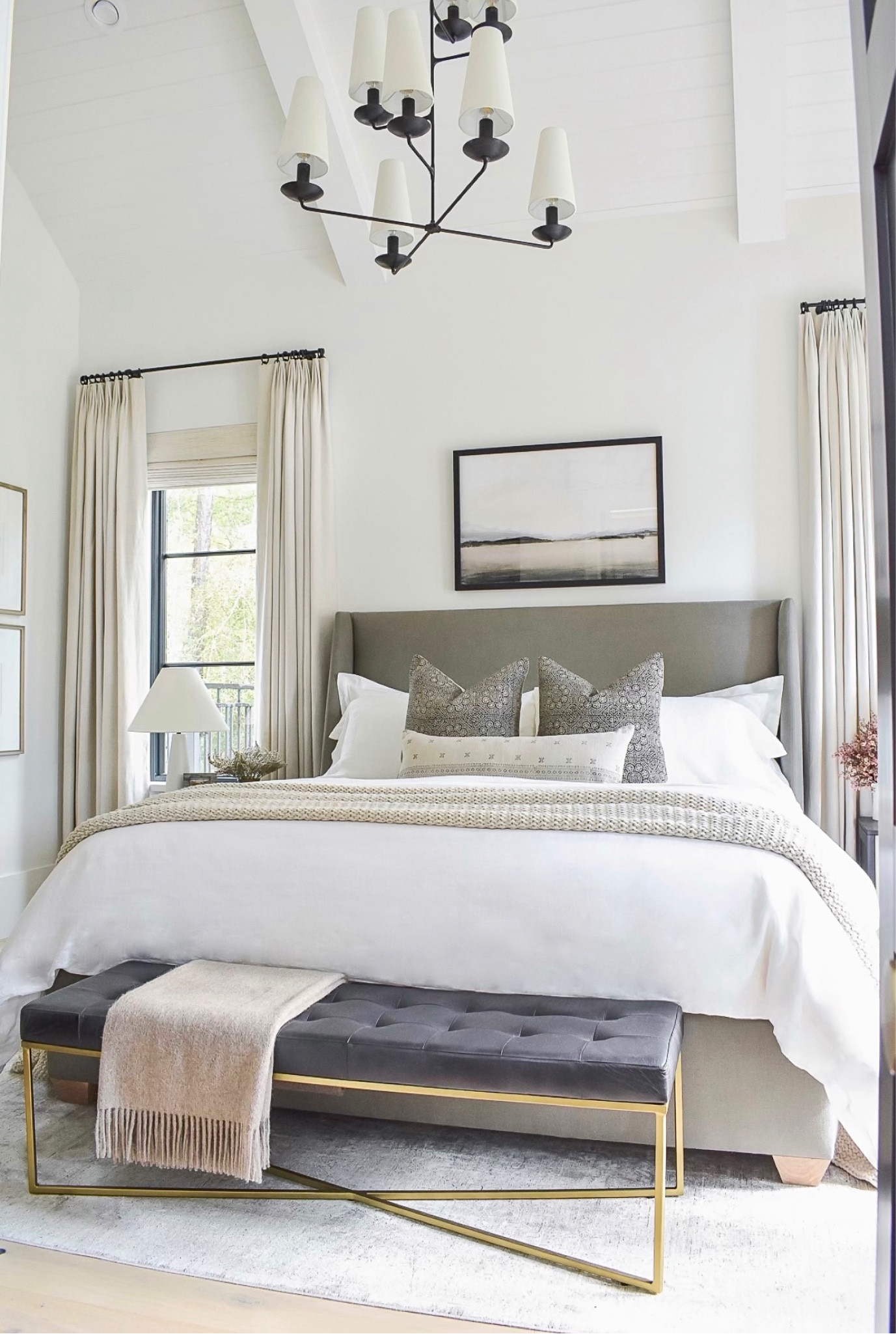 Master bedroom, white bedding, bedroom decor, black leather bench, Walmart finds,  curtains, bed throw, bed pillows, bed blankets 

#LTKfindsunder100 #LTKstyletip #LTKhome