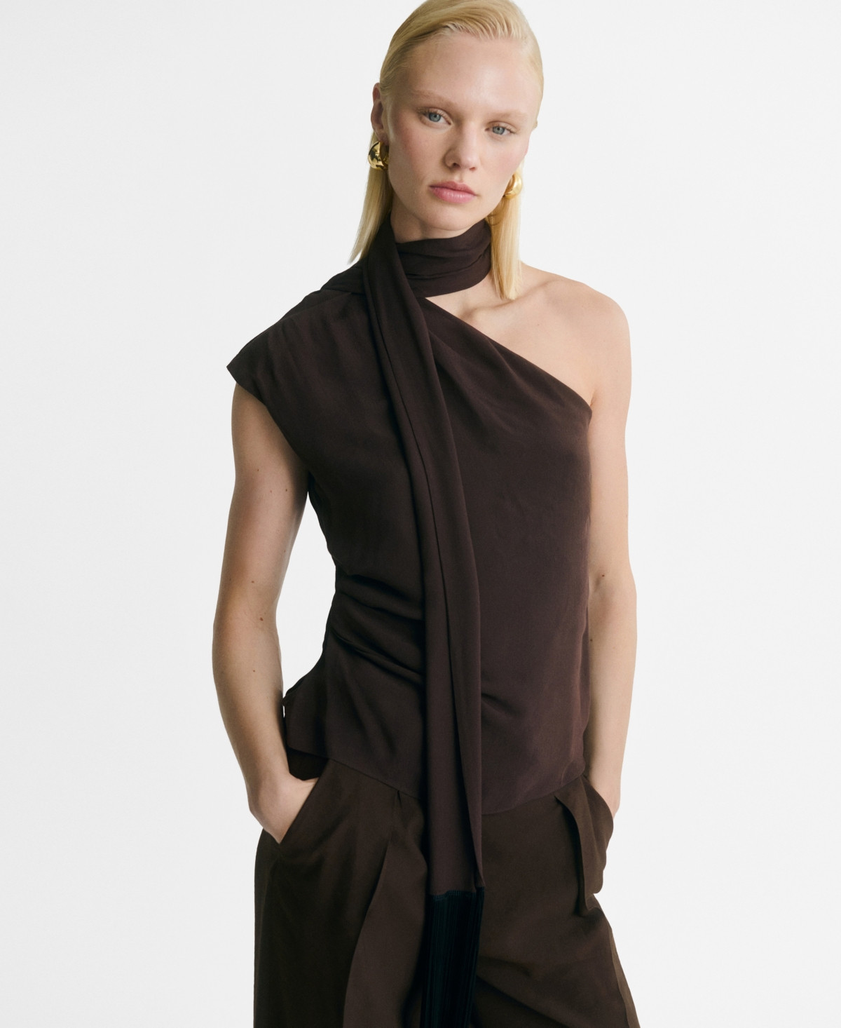 Mango Women's Fringe Detail Asymmetrical Scarf Blouse - Brown | Macy's