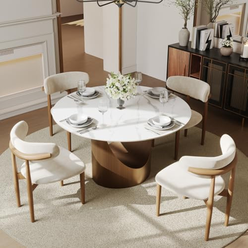 POVISON Round Dining Table, 47" Matte White Sintered Stone Top Dining Table with Bronze Carbon Steel Pedestal, Modern Dining Room Table for Kitchen, Living Room (Table Only) | Amazon (US)