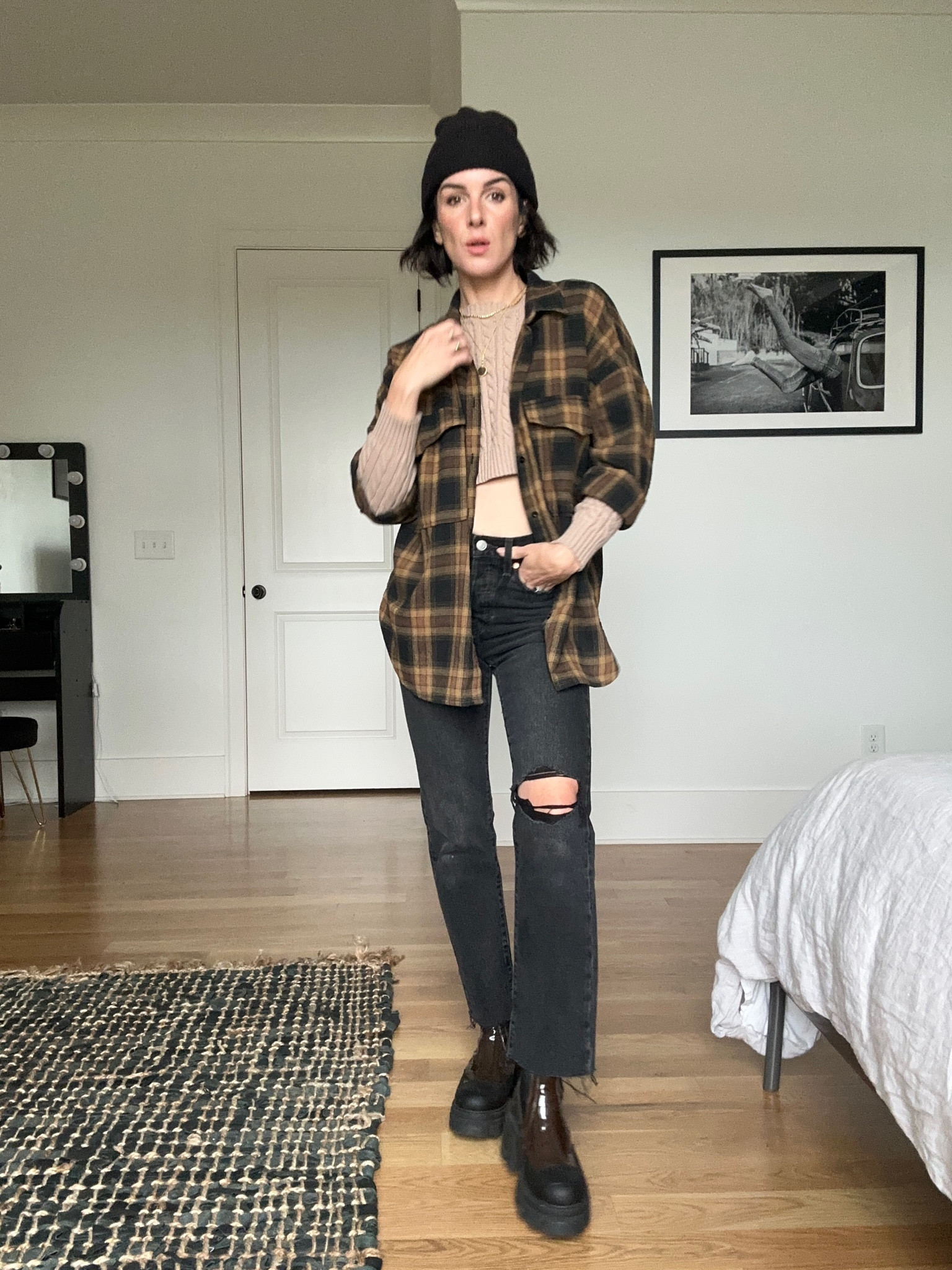 Autumnal grunge at its finest! 😝 I am obsessed with am oversized plaid button down. I throw it on top of everything from t-shirts to knit sweaters because the layered look is so cozy! These boots are my current shoe crush and the boot cut of my favorite pair of black ripped jeans hits in just the right spot to show them off!

Fall fashion - fall outfit inspo- fall style - style inspo - plaid shirt - platform boots - boyfriend jeans - denim jacket - grunge style - rocker style - 90s fashion - outfit of the day

#LTKshoecrush #LTKSeasonal #LTKstyletip
