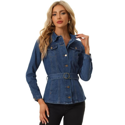 INSPIRE CHIC Women's Button Up Long Sleeve Belt Washed Jean Jacket Dark Blue Small | Target
