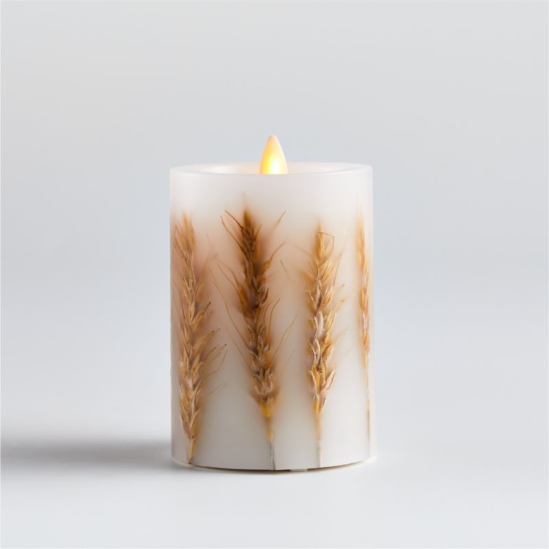 Flickering Flameless 3"x4" Wheat Inclusion Wax Pillar Candle. + Reviews | Crate & Barrel | Crate & Barrel