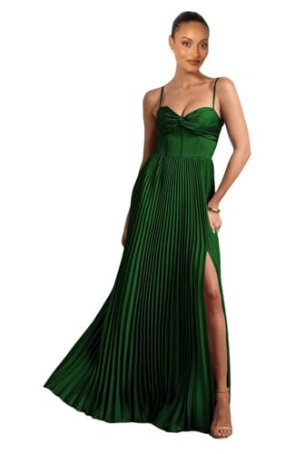 IKMNN Emerald Bridesmaid Dresses A line Long Pleated Maxi Dress for Women Spaghetti Straps Satin Formal Party Evening Gowns 2 | Amazon (US)