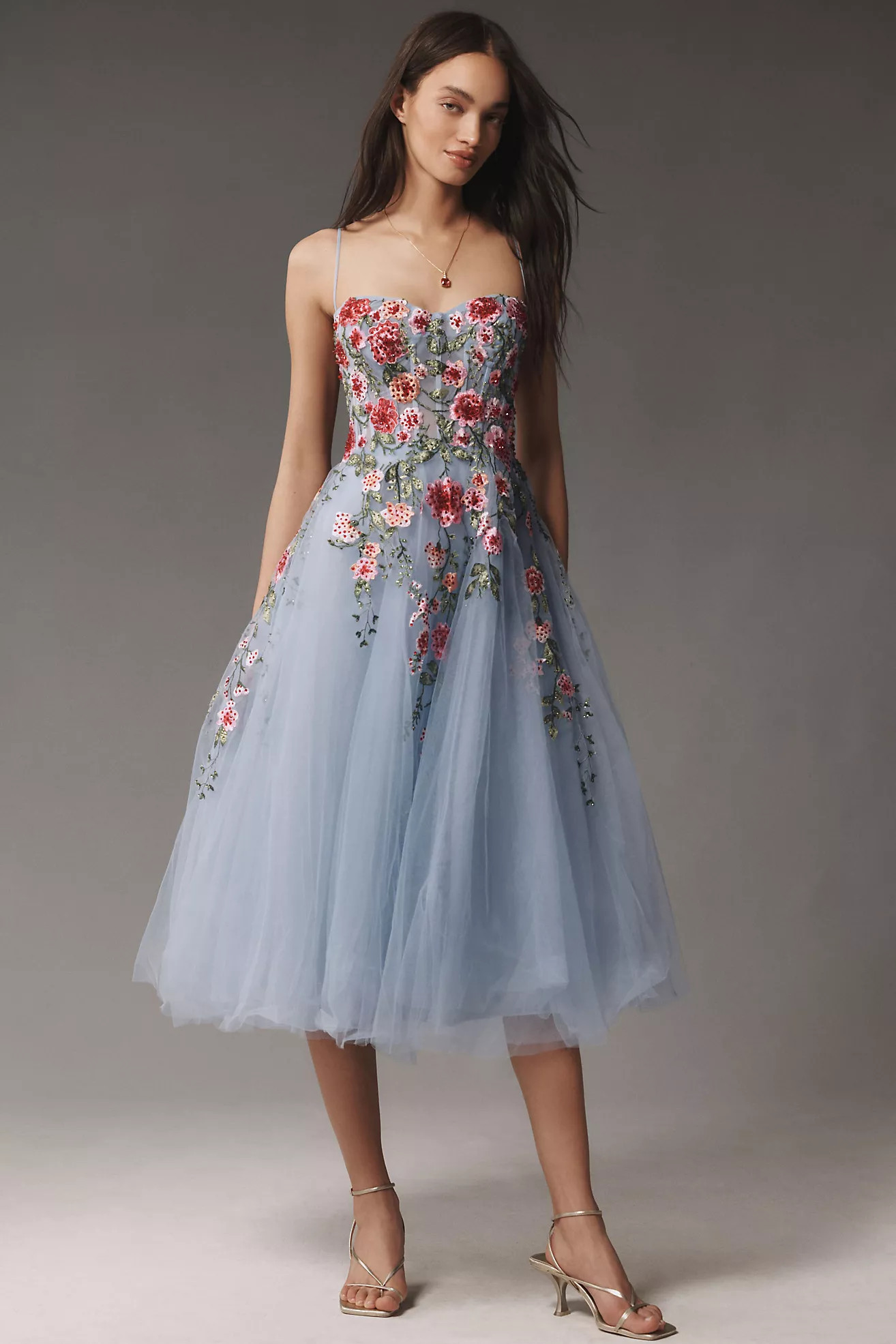 Mac Duggal Strapless Embroidered Tulle Midi Dress | Anthropologie (US)