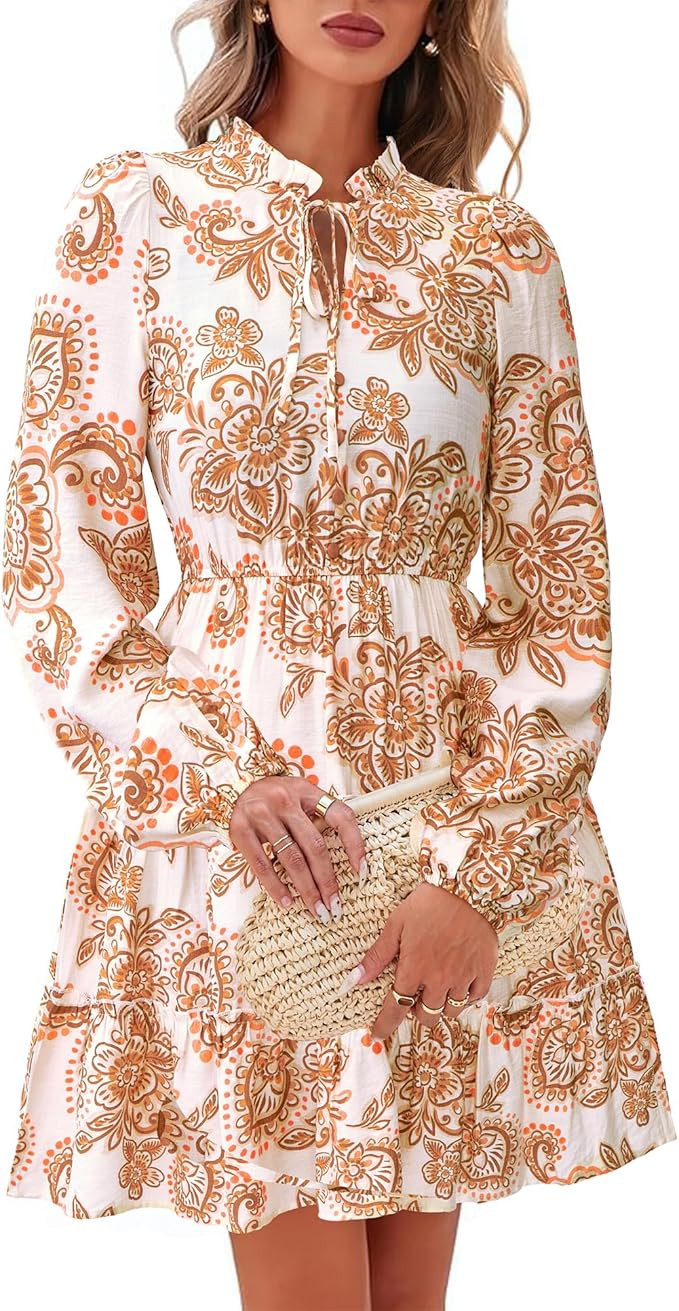 BTFBM Women Fall Dresses 2025 Floral V Neck Long Sleeve Tiered Ruffle Boho Swing Flowy A-Line Min... | Amazon (US)