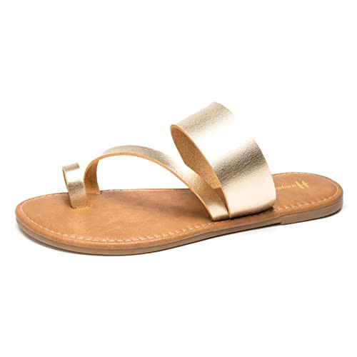 Women's Slide Sandals Slip On Flat Sandals Flip Flop Thong Sandals Casual Summer Shoes (11, Gold) | Amazon (US)