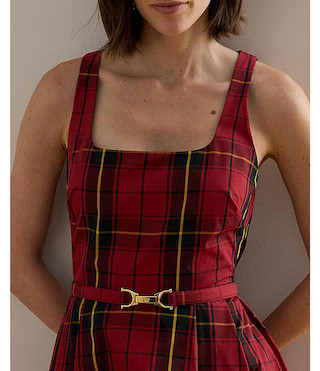 Plaid Taffeta Square Neck Belted Pleated Skirt Fit-and-Flare Dress | Dillard's