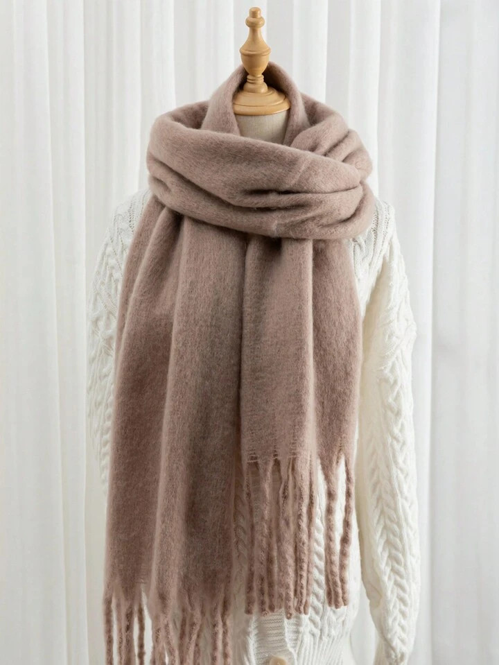 1pc Solid Color Scarf, Winter Warm Neck, Thickened Wool Knitted Thick Fringed Shawl, Can Be Worn | SHEIN