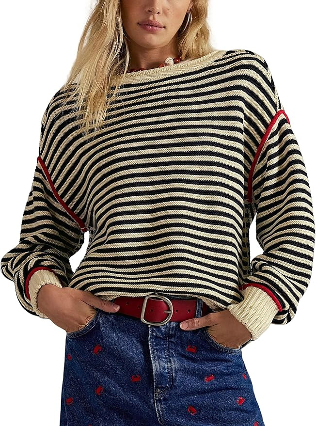 Majdan Women's Oversized Striped Sweater Long Sleeve Knitted Side Slit Pullover Tops Fall Outfits | Amazon (US)