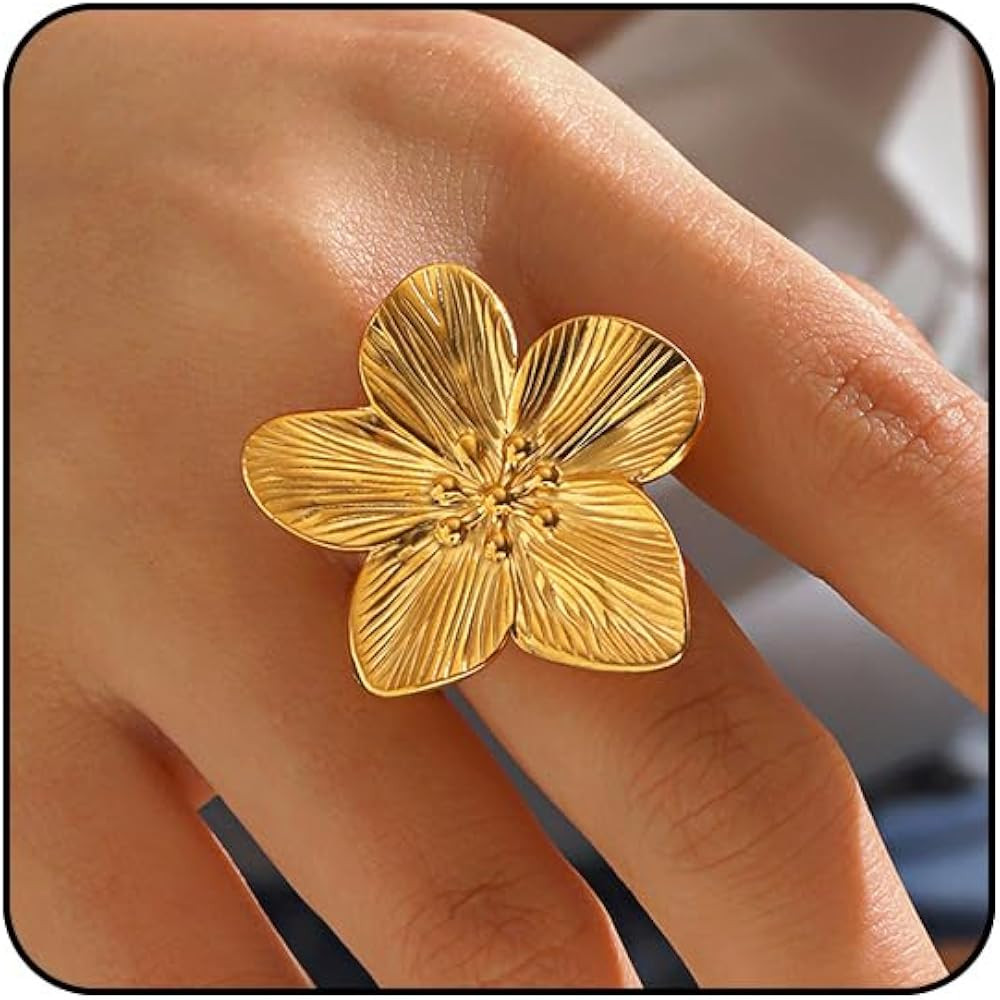 Gold Rings for Women Non Tarnish Flower Rings for Women Stainless Steel Rings Adjustable Statemen... | Amazon (US)