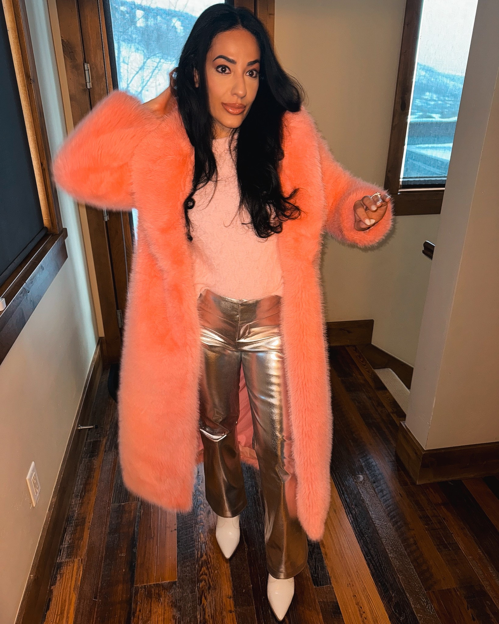 My signature Utah look: oversized, pink, fur coat with shiny leather pants (super warm) paired with a pink, fuzzy sweater by Ronny Kobo & white cowboy boots 👢 

#LTKTravel #LTKSeasonal #LTKStyleTip