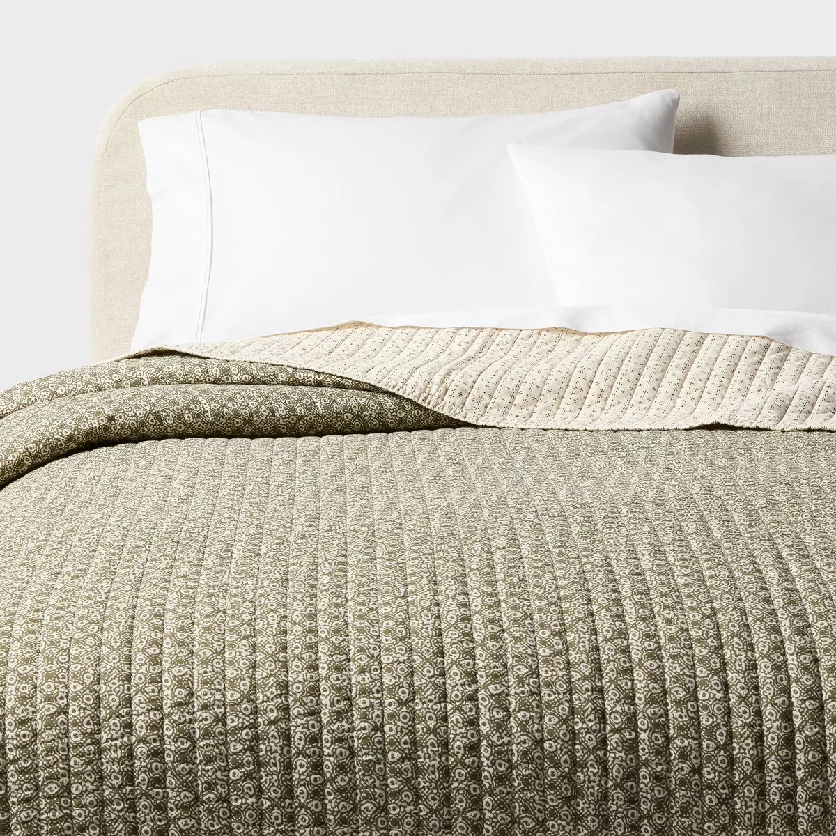 King Woodblock Cotton Gauze Reversible Quilt Green - Threshold™ | Target